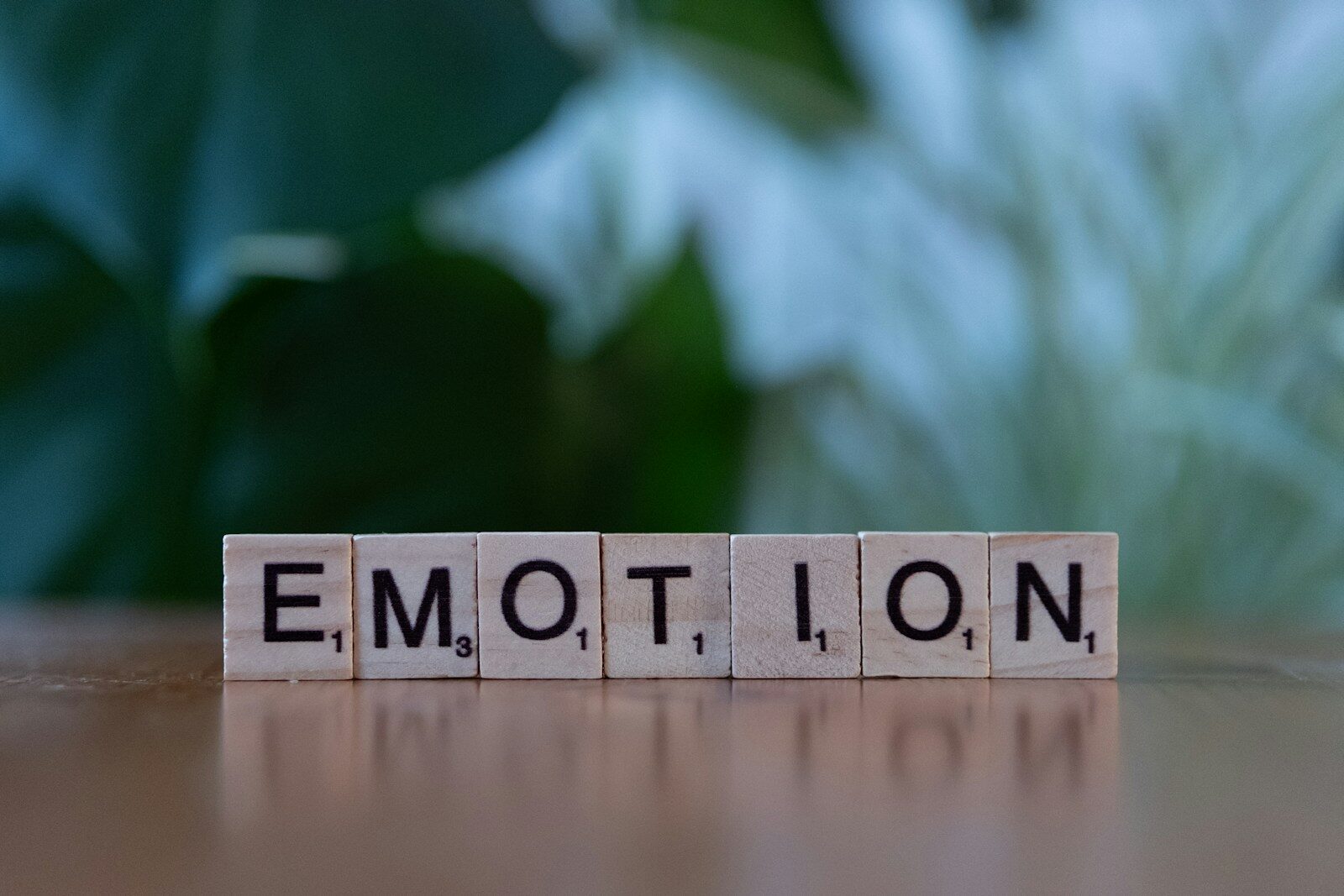 A wooden block spelling emotion on a table